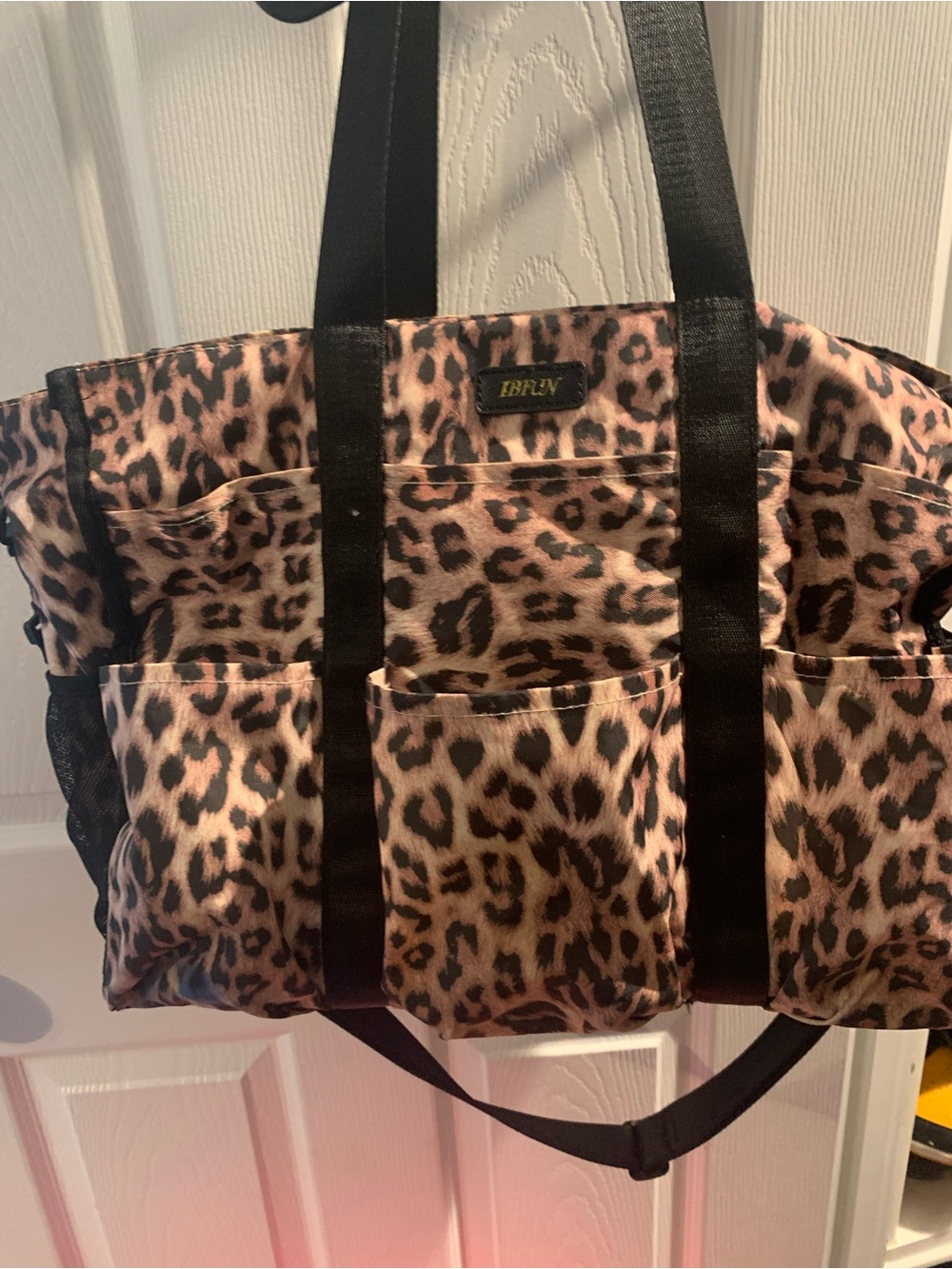 Leopard Print Utility Tote Bag with Black Straps